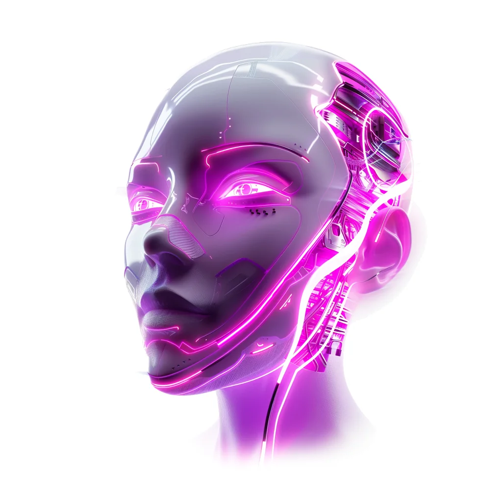 Image représentant le visage très moderne et futuriste d'une Super Intelligence Artificielle symbolisant la puissance des GPTs de The Wise Duck Dev dans le domaine du développement en IA.