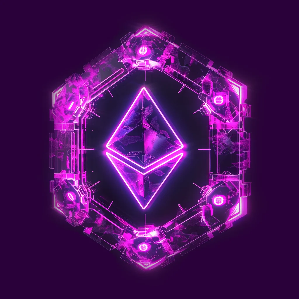 Image affichant un logo Ethereum moderne au centre d'un symbole de réseau décentralisé de blockchain symbolisant le potentiel des GPTs de Wise Duck Dev spécialisés dans la blockchain, les Dapps, les contrats intelligents et plus encore.