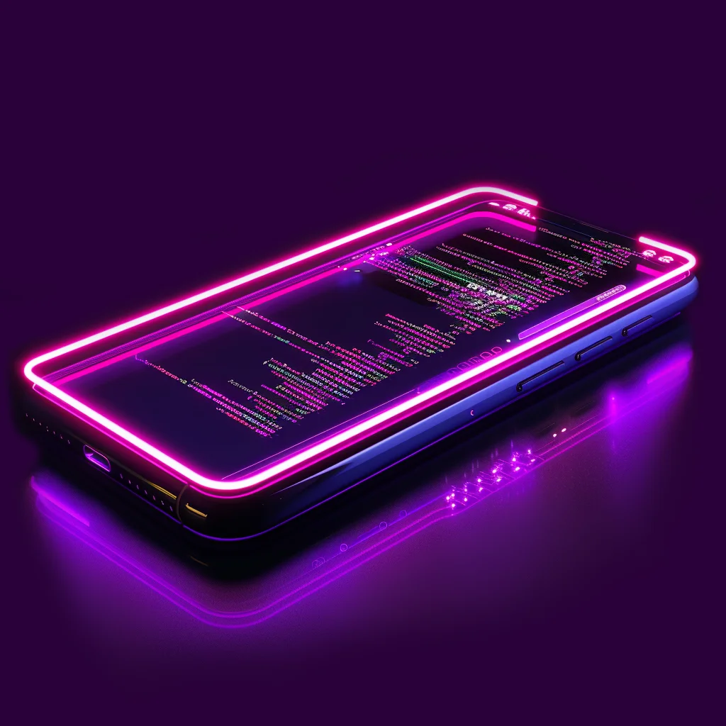 Image d'un téléphone mobile avec une interface de développement d'application mobile à l'écran entourée d'une variété d'outils de développement d'application mobile démontrant la puissance des GPTs de wise duck dev spécialisés dans le développement d'application mobile.