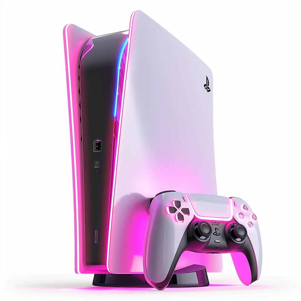 Une image sophistiquée générée par l'IA affichant une console de jeu vidéo très futuriste avec des tons néon roses et violets symbolisant l'incroyable potentiel que les GPT personnalisés de Wise Duck Dev GPTs apportent aux développeurs de jeux vidéo à travers sa collection de jeux vidéo.