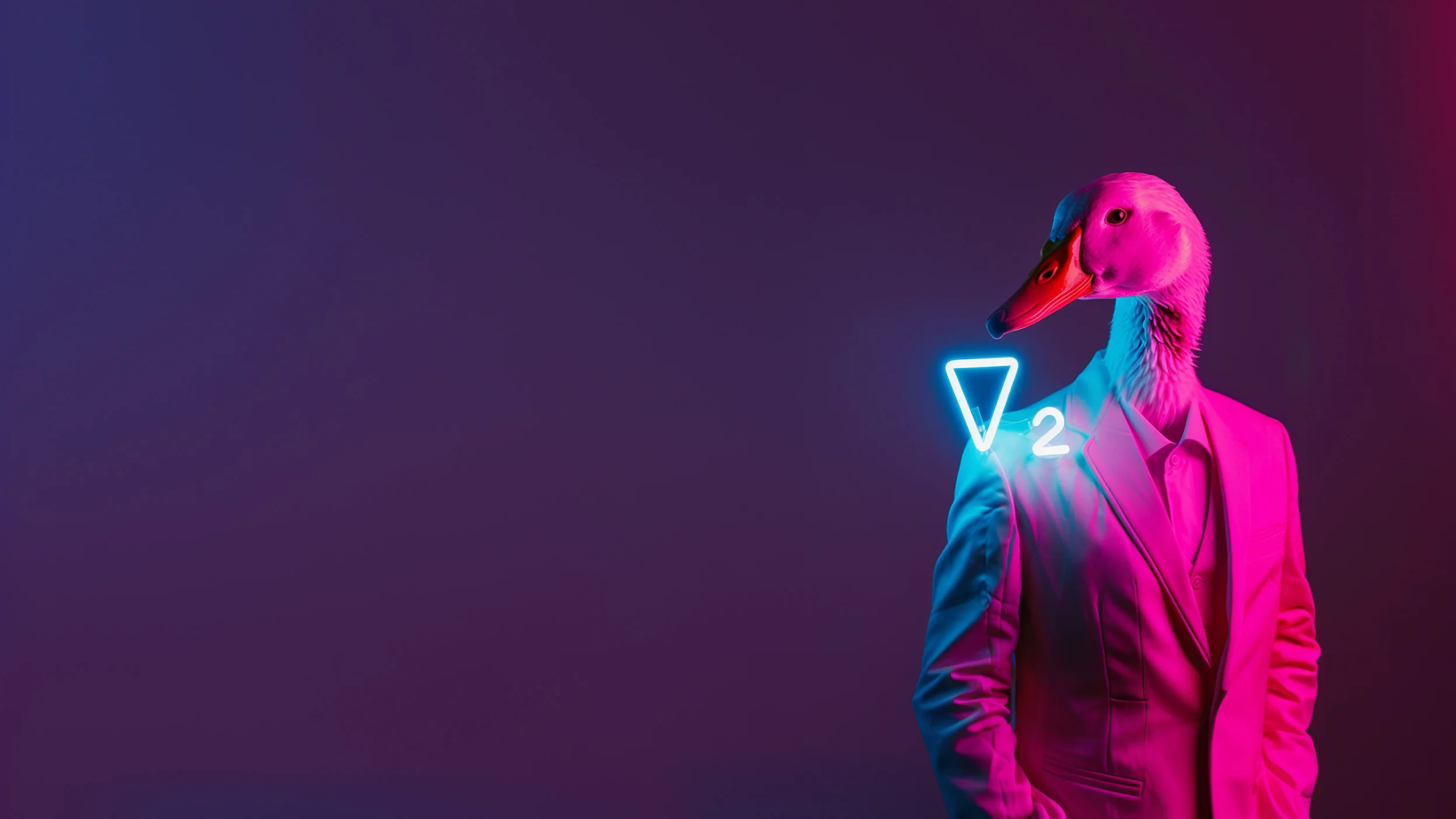 Picture of the Wise Duck Dev Full Stack Developer in a white modern suit highlighted by pink and violet neon lights while sporting a high-tech V2 neon light symbolizing the cutting edge of the second version of the application Wise Duck Dev GPTs, the largest custom GPTs library specialized for developers in the world.