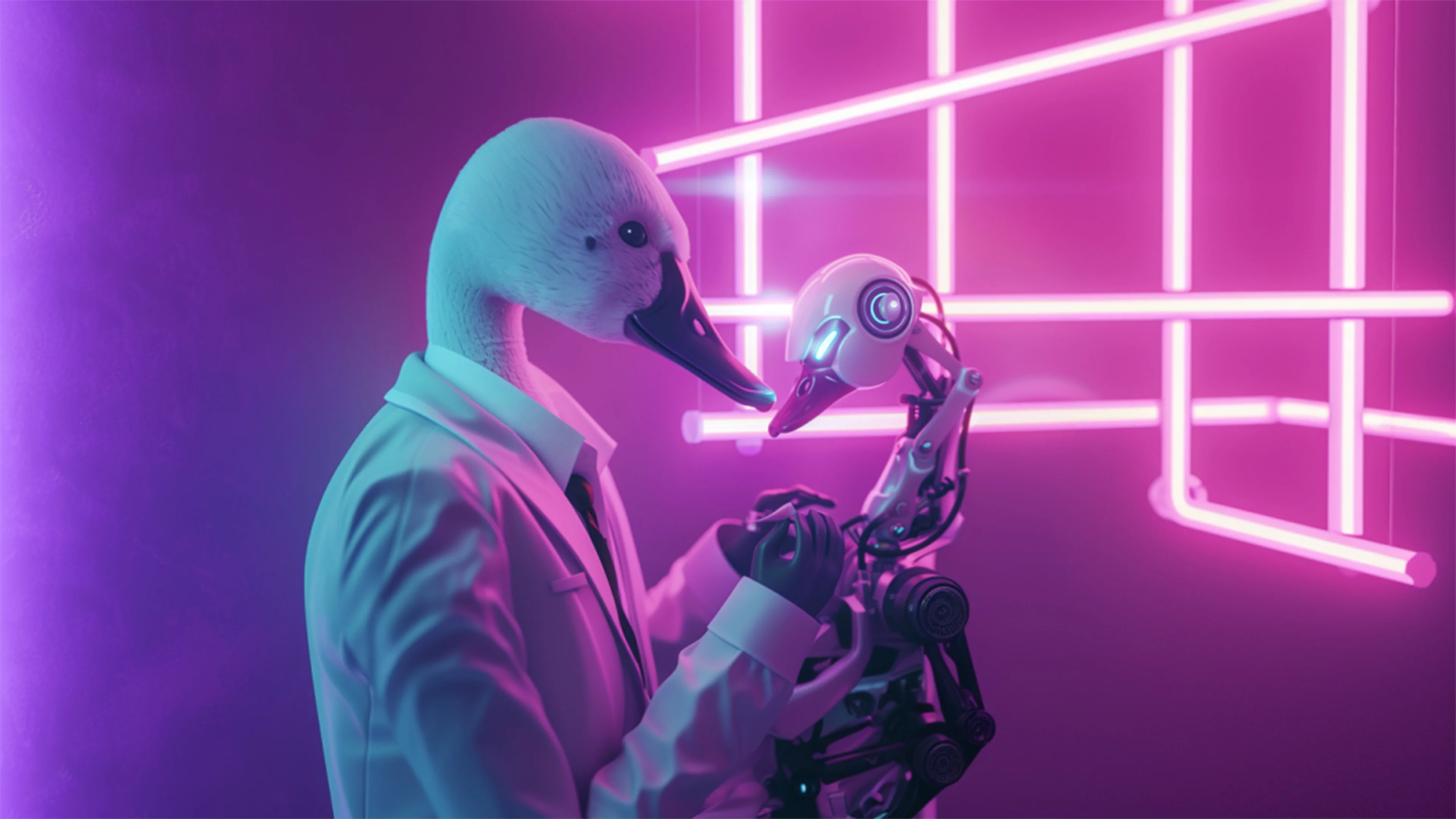 Image du Wise Duck Dev en costume blanc, créée par IA et optimisée avec Photoshop, travaillant sur un robot high-tech symbolisant un GPT personnalisé, sur fond éclairé par des néons, représentant le développement de pointe en intelligence artificielle.