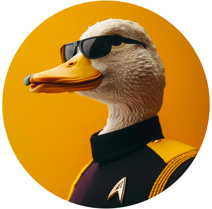 The Wise Duck Dev dons as a Starfleet commander outfit, signifying the control and efficiency of automation in GPT-driven systems and processes.