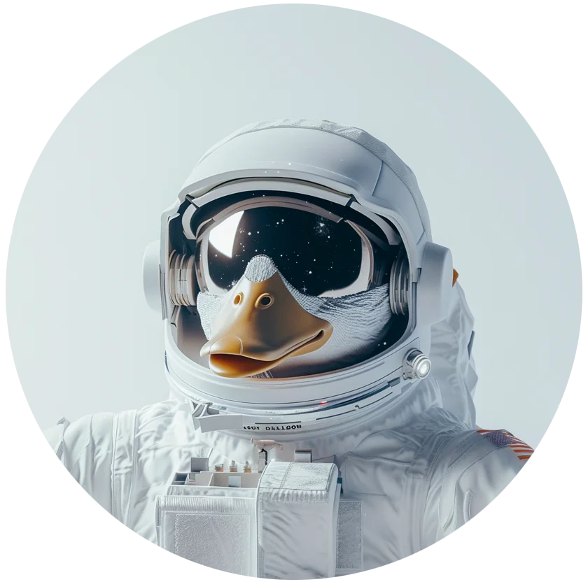 Le Wise Duck Dev vêtu en astronaute, reflétant l'exploration pionnière et la sécurité avancée de la technologie blockchain dans les applications GPT.