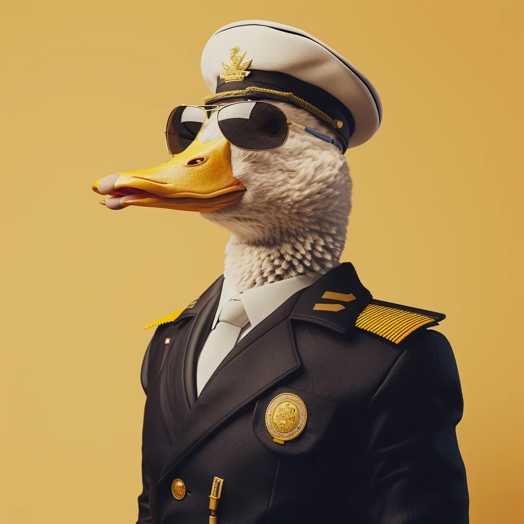 The Wise Duck Dev déguisé en pilote de ligne, incarnant la précision et l'efficacité de la maîtrise des technologies de déploiement, avec un accent sur des lancements de projets sans faille grâce à des GPTs spécialisés.