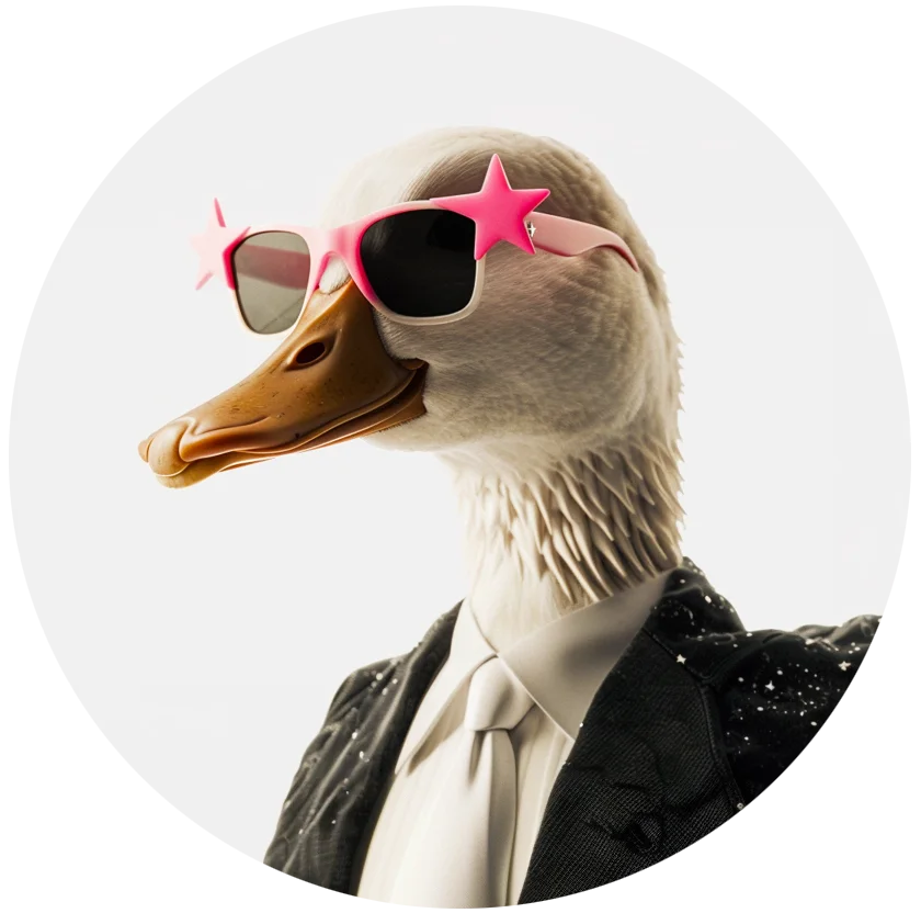 The Wise Duck Dev sporting chic star-shaped sunglasses, embodying the creative and stylish essence of design in GPT-enhanced UI/UX development.