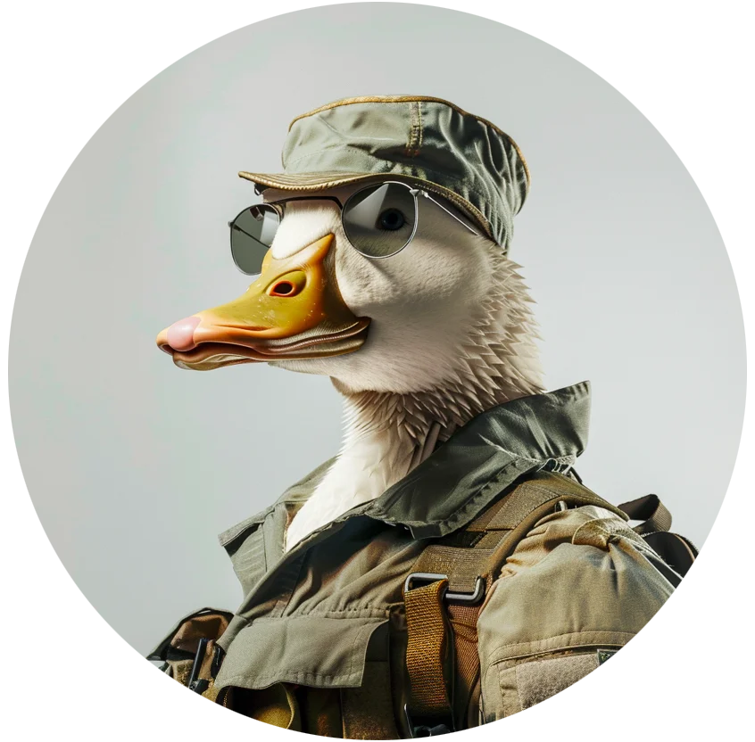 Le Wise Duck Dev habillé en soldat, incarnant l'esprit de la maîtrise des technologies frontend, avec un accent sur JavaScript, React et le développement web amélioré par l'IA via des GPTs spécialisés.