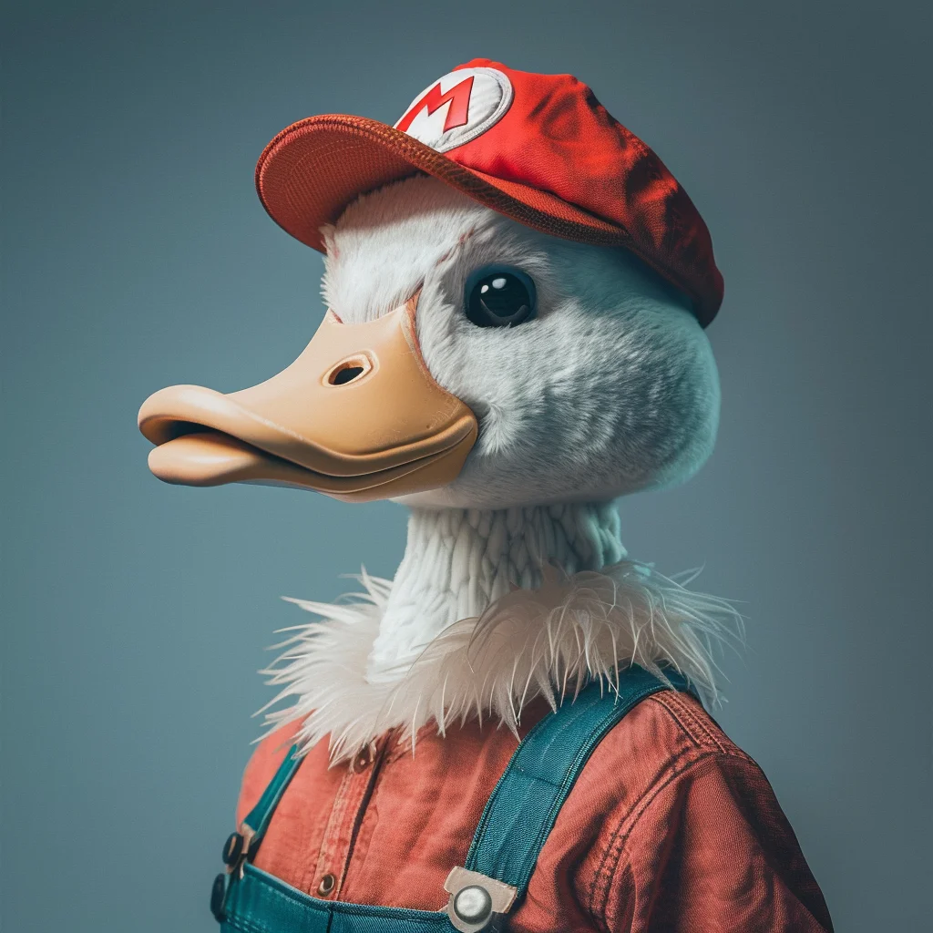 Le Wise Duck Dev habillé en Mario Bros, incarnant l'esprit de maîtrise des technologies de jeux vidéo, avec un accent sur le développement de jeux grâce à des GPTs spécialisés.